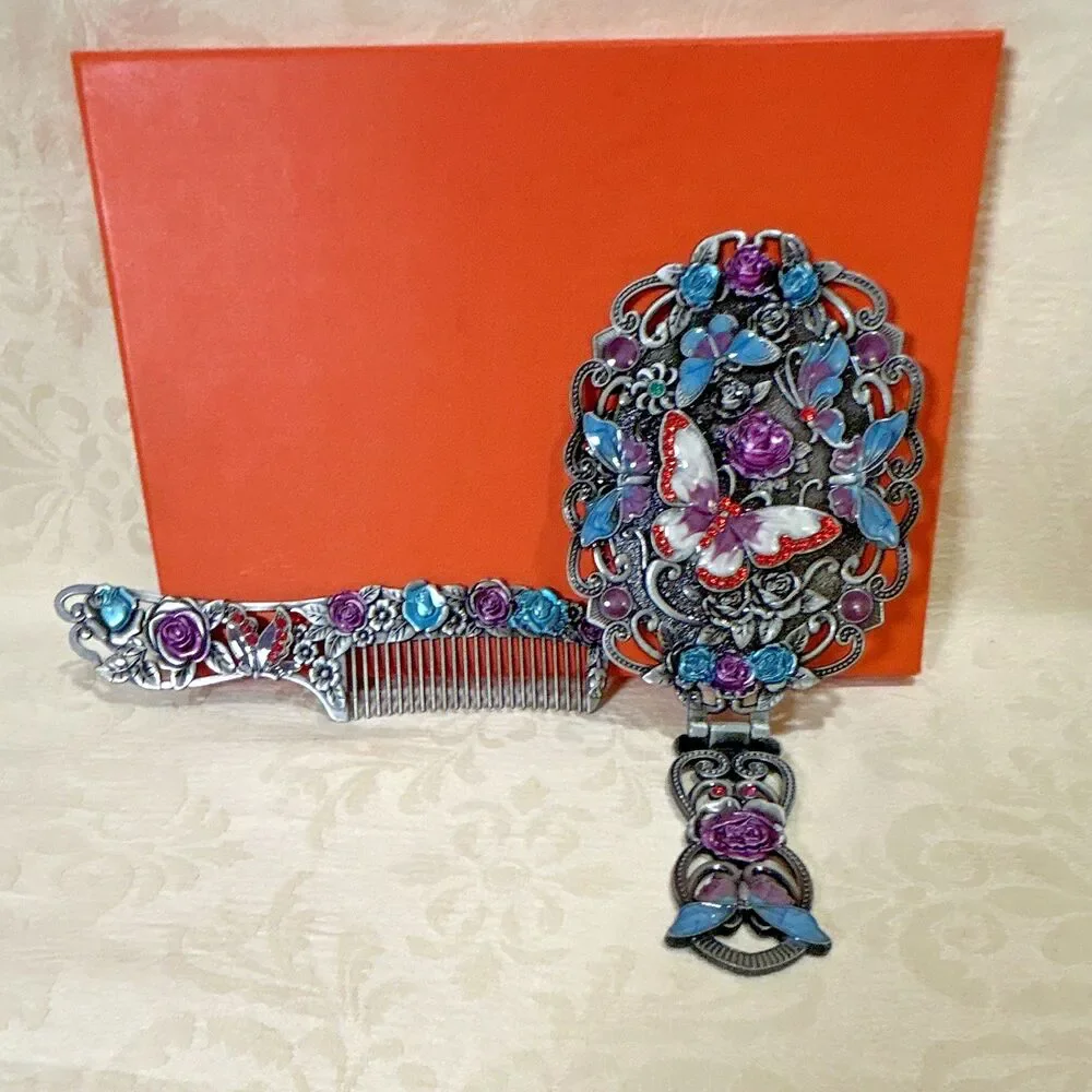 Vintage Style Enamel Butterfly Vanity Set Folding Hand Mirror & Hair Comb In Box